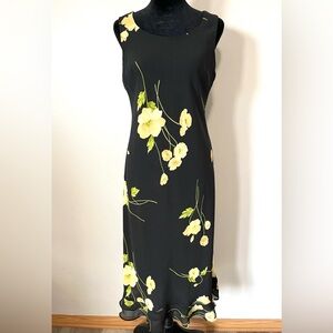 Vintage 90s Studio 1 Black Yellow Floral Sleeveless Maxi Sheath Dress Size 10